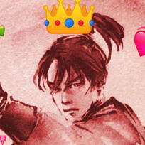 Yun edited with a red tint and a crown over his head